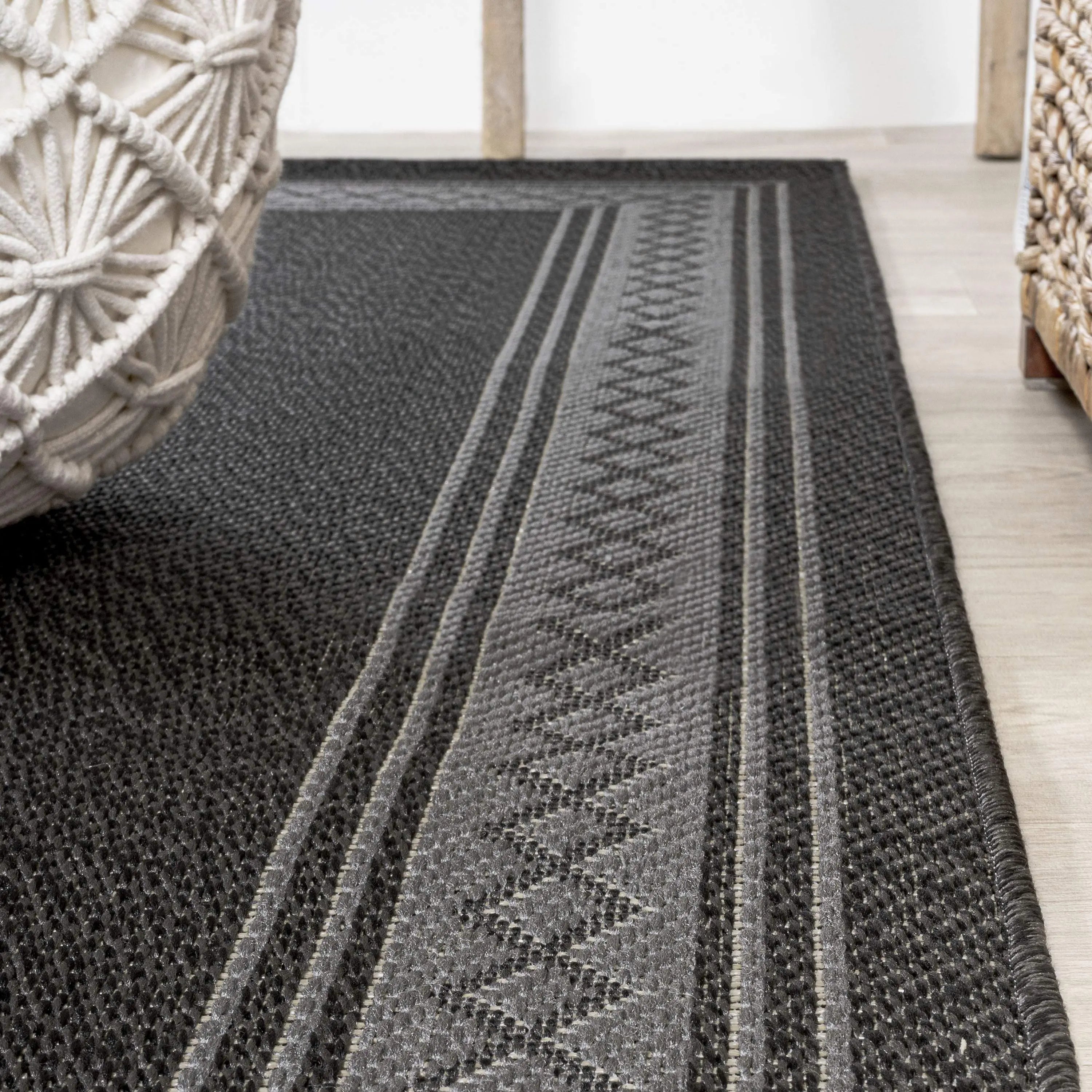 8' Black And Gray Indoor Outdoor Runner Rug - GreatEagleInc