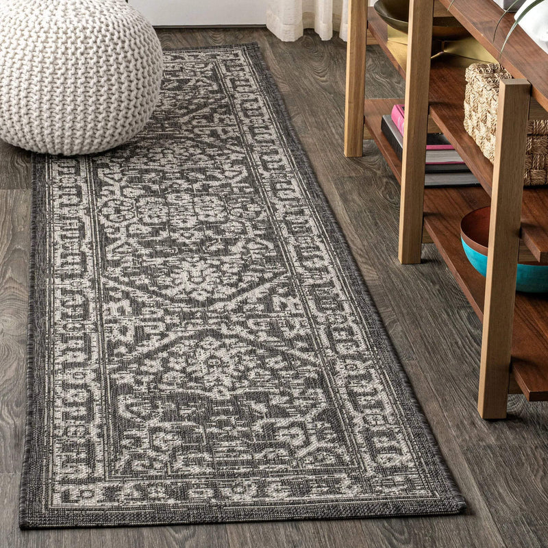 8' Black And Gray Medallion Indoor Outdoor Runner Rug Homeroots Outdoor
