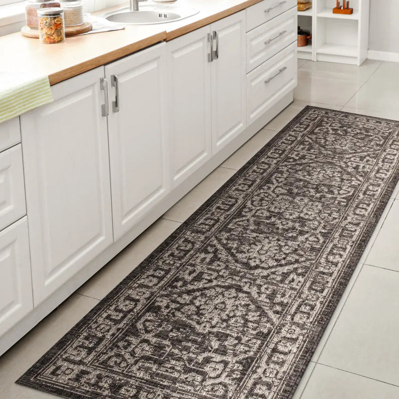 8' Black And Gray Medallion Indoor Outdoor Runner Rug Homeroots Outdoor