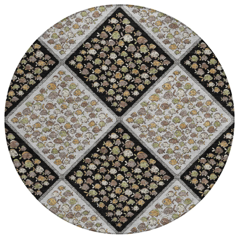 8' Black And Gray Round Abstract Washable Indoor Outdoor Area Rug Homeroots Outdoor