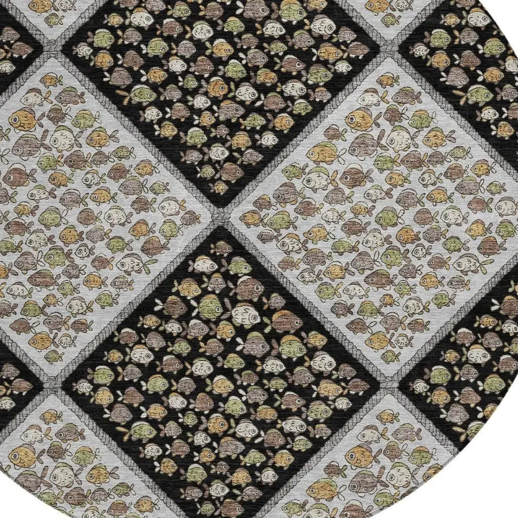 8' Black And Gray Round Abstract Washable Indoor Outdoor Area Rug Homeroots Outdoor