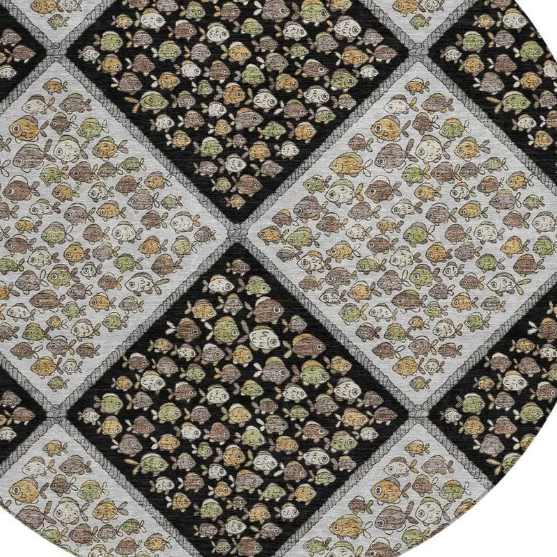 8' Black And Gray Round Abstract Washable Indoor Outdoor Area Rug Homeroots Outdoor
