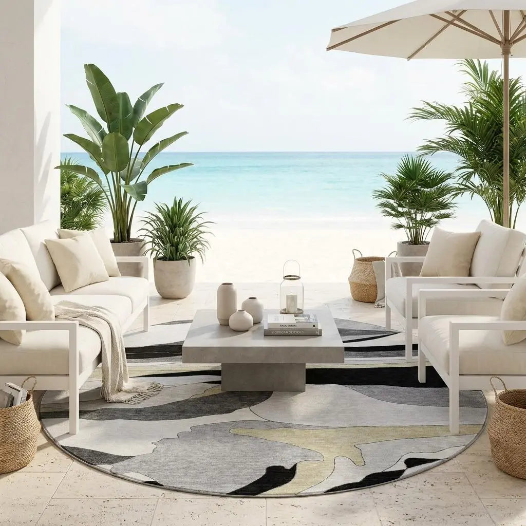 8' Black And Gray Round Abstract Washable Indoor Outdoor Area Rug Homeroots Outdoor