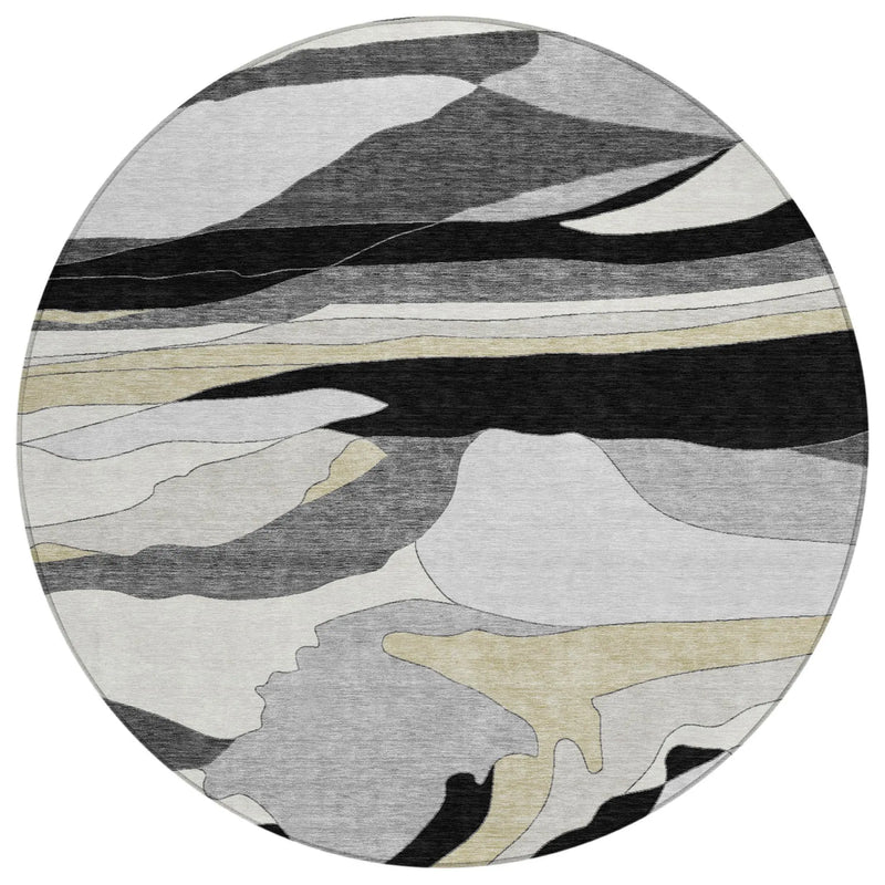 8' Black And Gray Round Abstract Washable Indoor Outdoor Area Rug Homeroots Outdoor