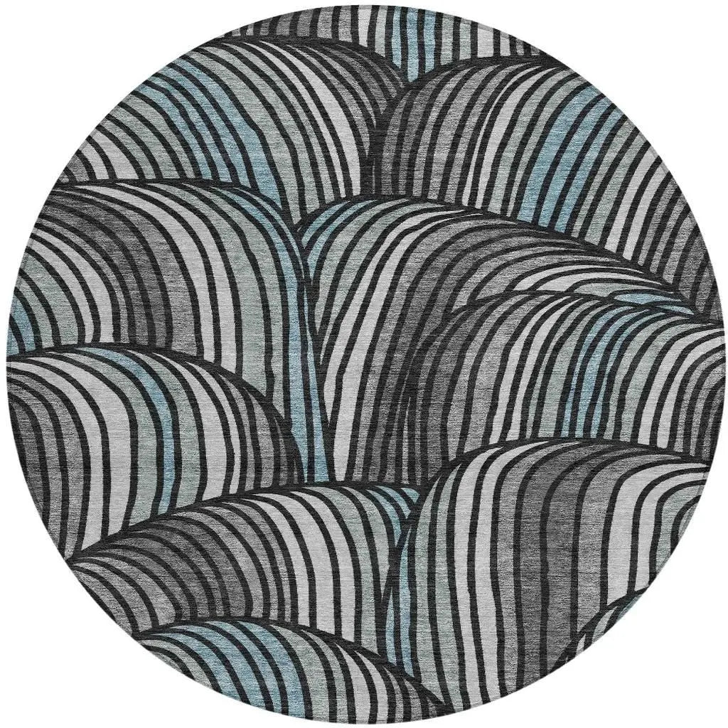 8' Black And Gray Round Abstract Washable Indoor Outdoor Area Rug Homeroots Outdoor