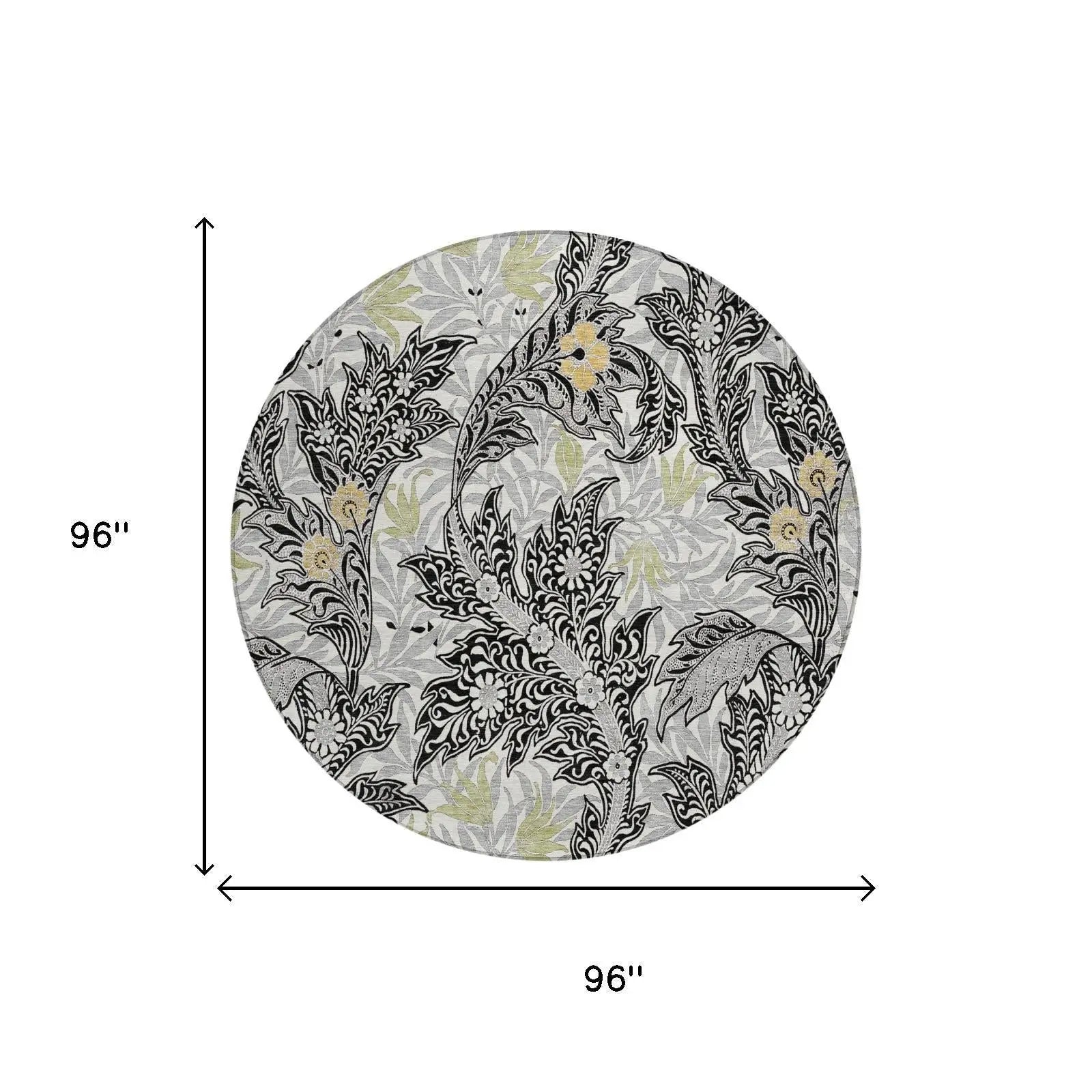 8' Black And Gray Round Botanical Leaves Washable Indoor Outdoor Area Rug Homeroots Outdoor