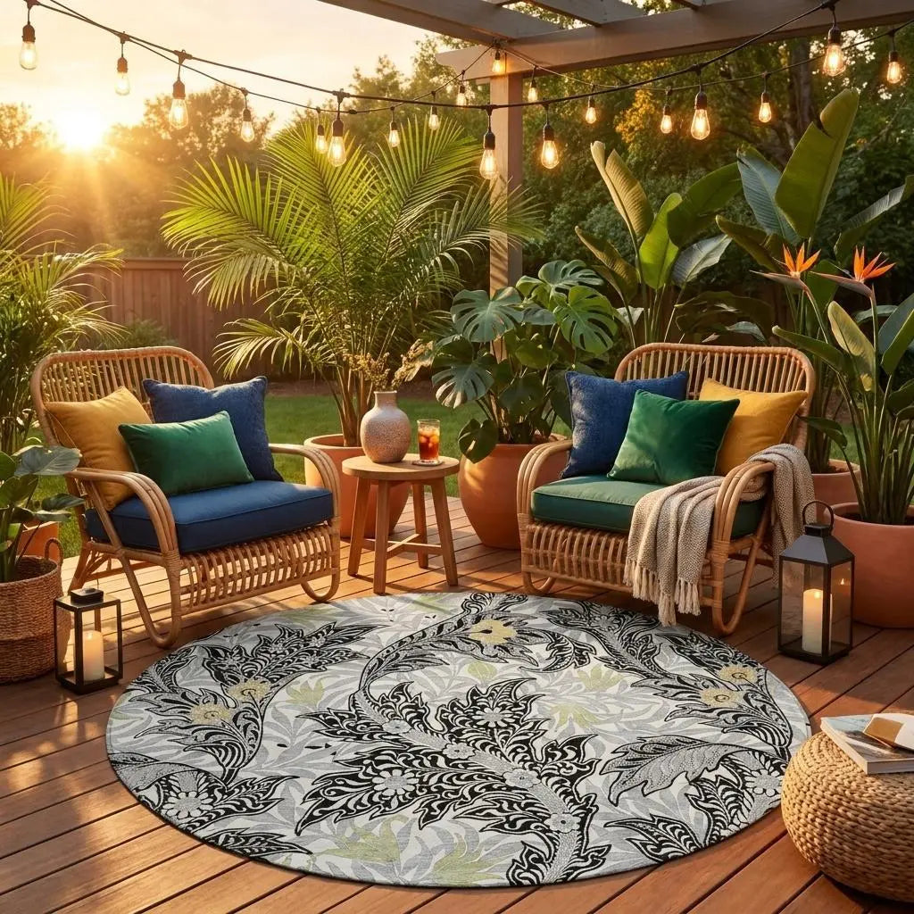 8' Black And Gray Round Botanical Leaves Washable Indoor Outdoor Area Rug Homeroots Outdoor