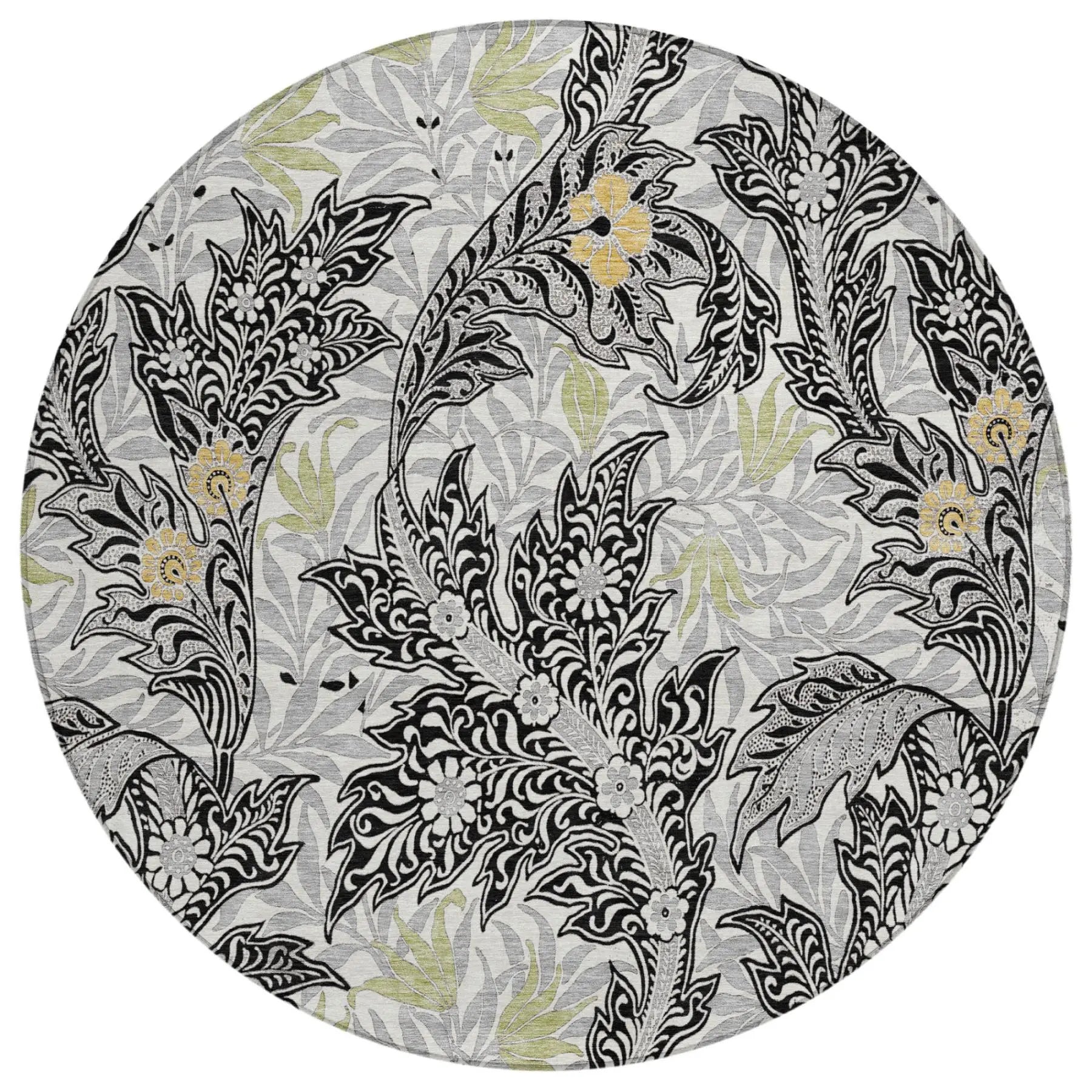 8' Black And Gray Round Botanical Leaves Washable Indoor Outdoor Area Rug Homeroots Outdoor