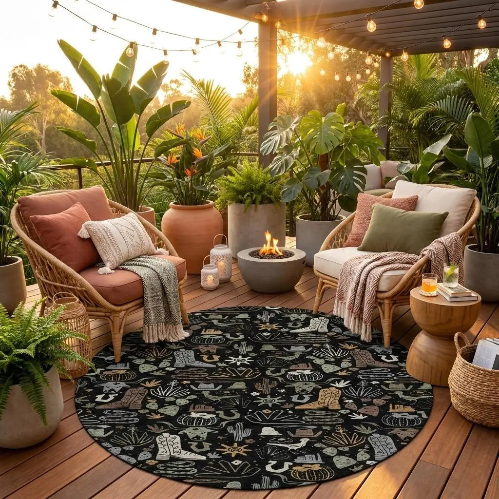 8' Black And Gray Round Cactus Washable Indoor Outdoor Area Rug Homeroots Outdoor