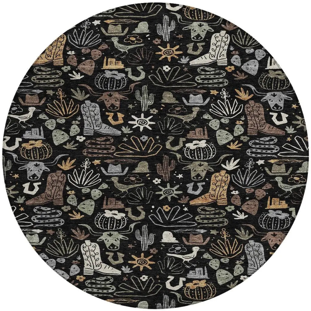 8' Black And Gray Round Cactus Washable Indoor Outdoor Area Rug Homeroots Outdoor