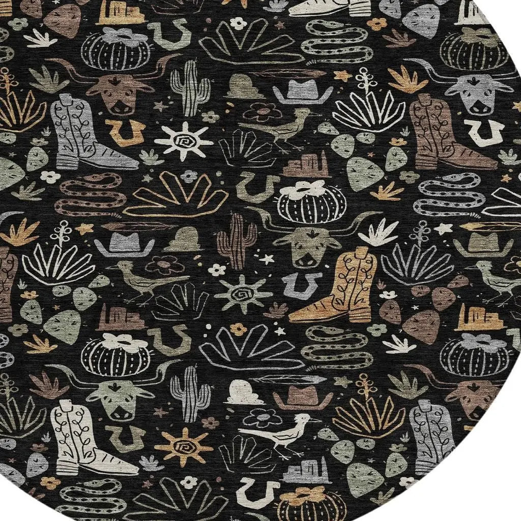 8' Black And Gray Round Cactus Washable Indoor Outdoor Area Rug Homeroots Outdoor