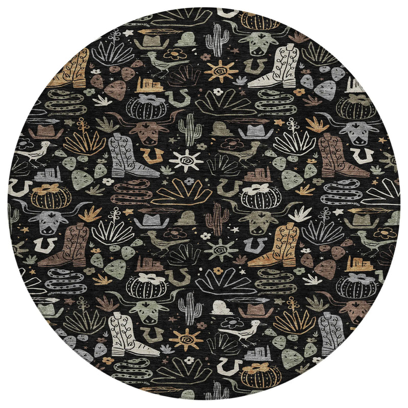 8' Black And Gray Round Cactus Washable Indoor Outdoor Area Rug Homeroots Outdoor