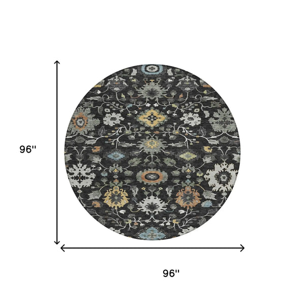 8' Black And Gray Round Floral Medallion Washable Indoor Outdoor Area Rug Homeroots Outdoor
