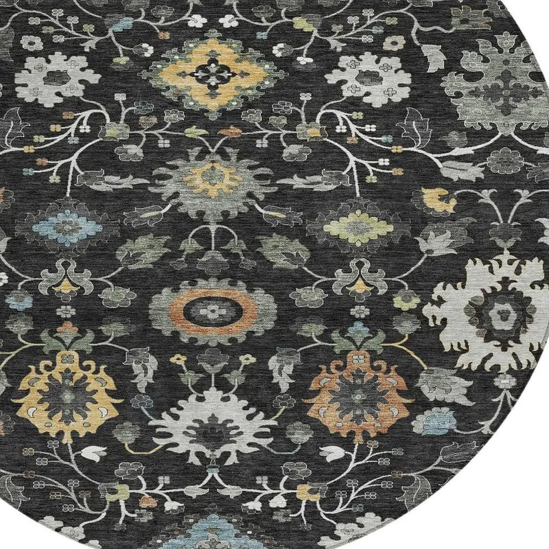 8' Black And Gray Round Floral Medallion Washable Indoor Outdoor Area Rug Homeroots Outdoor