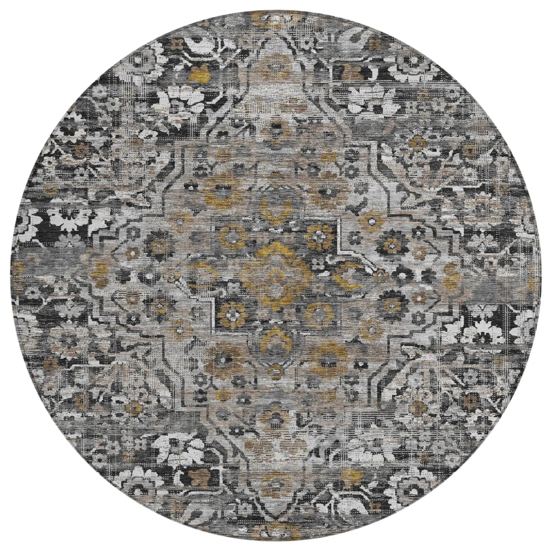 8' Black And Gray Round Floral Medallion Washable Indoor Outdoor Area Rug Homeroots Outdoor