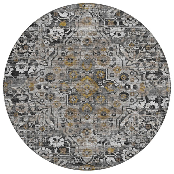 8' Black And Gray Round Floral Medallion Washable Indoor Outdoor Area Rug Homeroots Outdoor