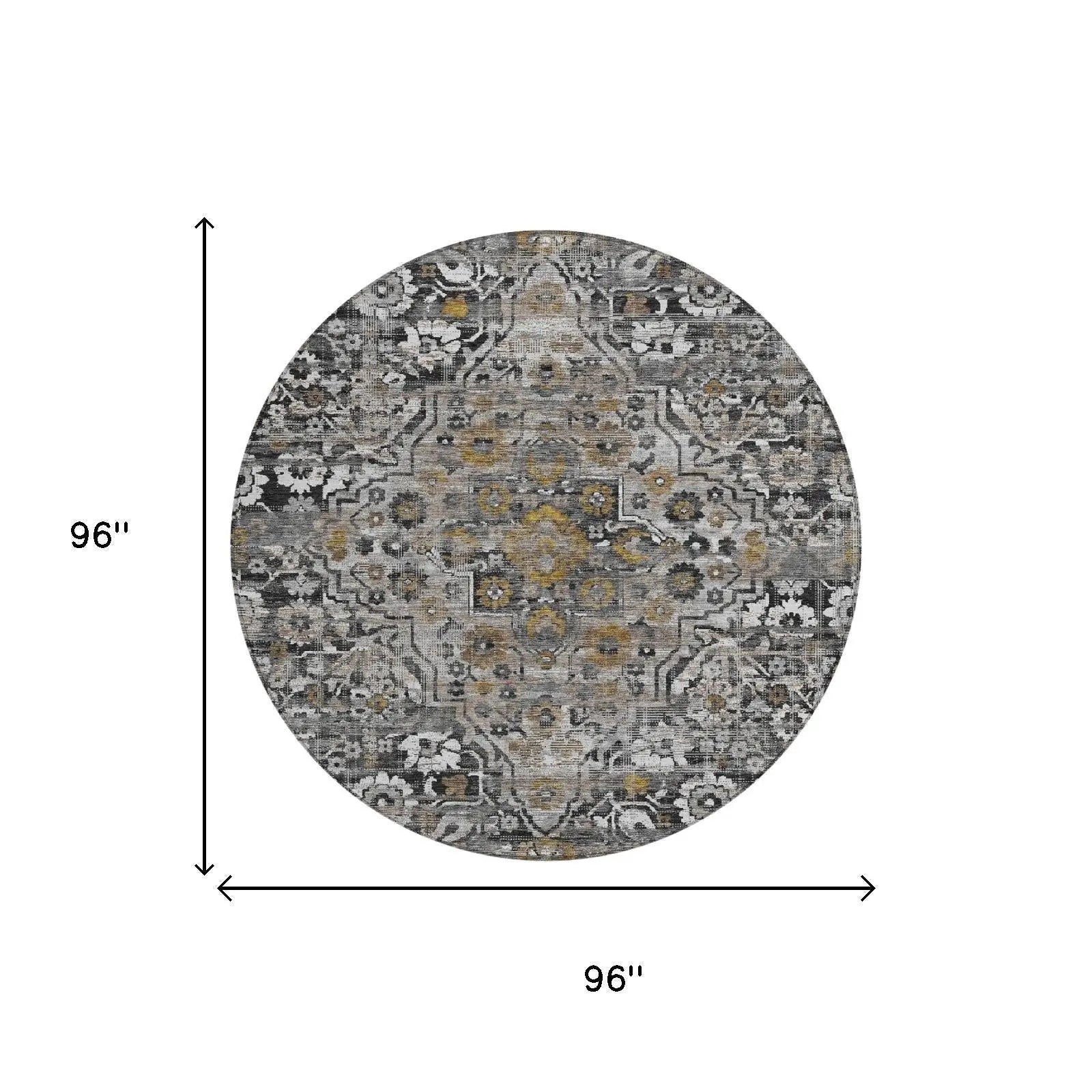 8' Black And Gray Round Floral Medallion Washable Indoor Outdoor Area Rug Homeroots Outdoor