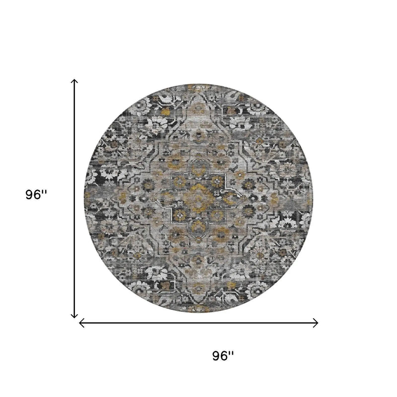 8' Black And Gray Round Floral Medallion Washable Indoor Outdoor Area Rug Homeroots Outdoor