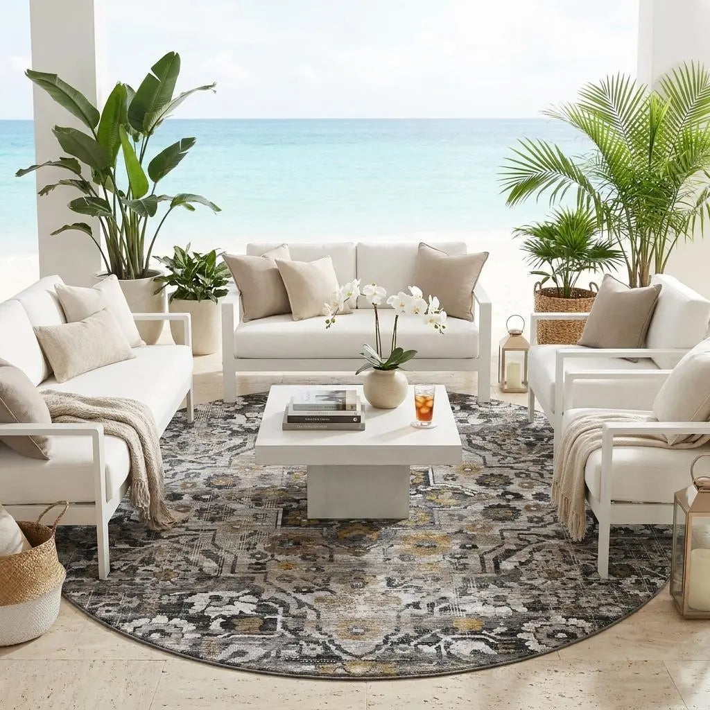 8' Black And Gray Round Floral Medallion Washable Indoor Outdoor Area Rug Homeroots Outdoor