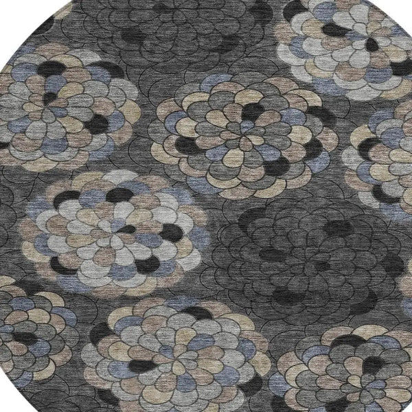 8' Black And Gray Round Floral Washable Indoor Outdoor Area Rug Homeroots Outdoor