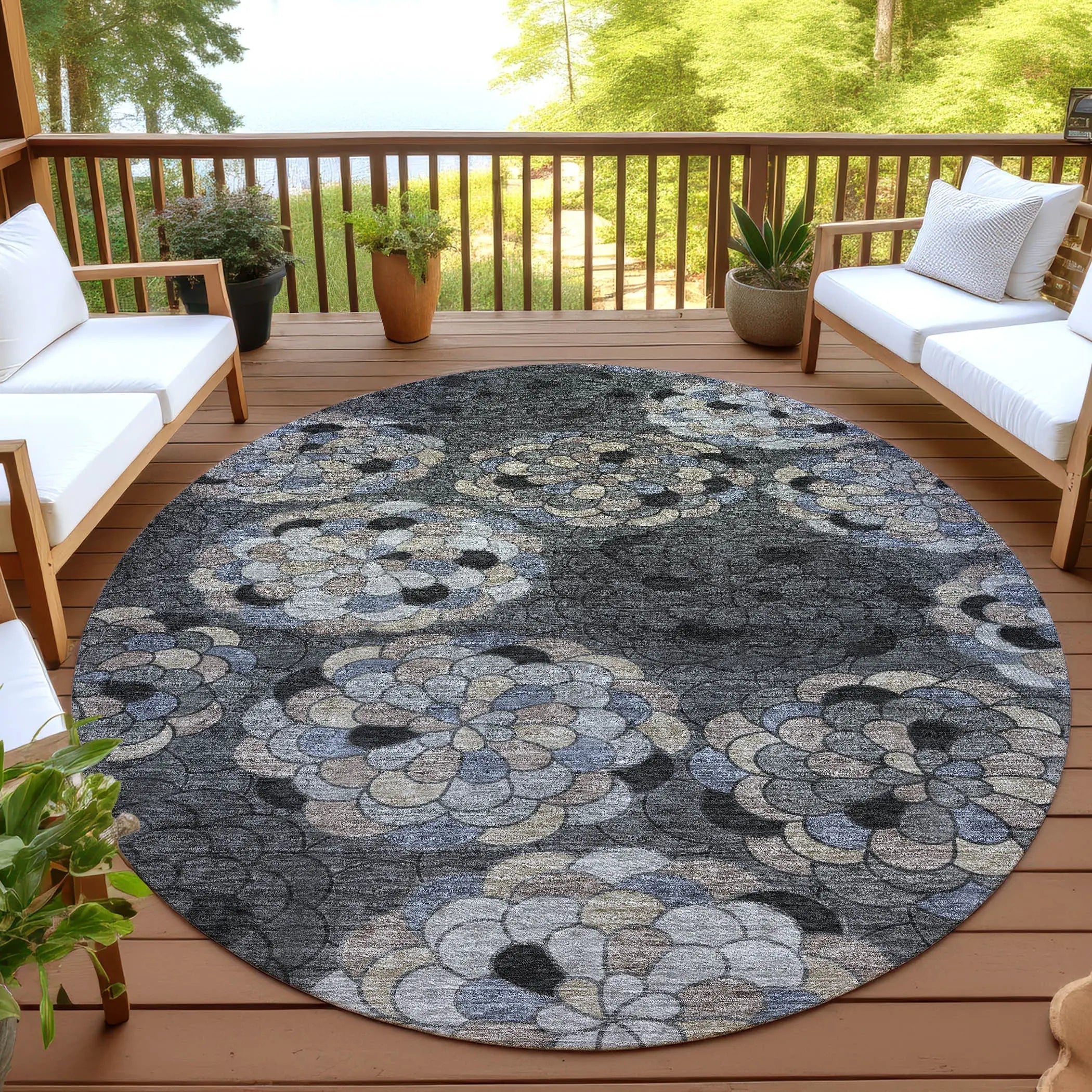 8' Black And Gray Round Floral Washable Indoor Outdoor Area Rug Homeroots Outdoor