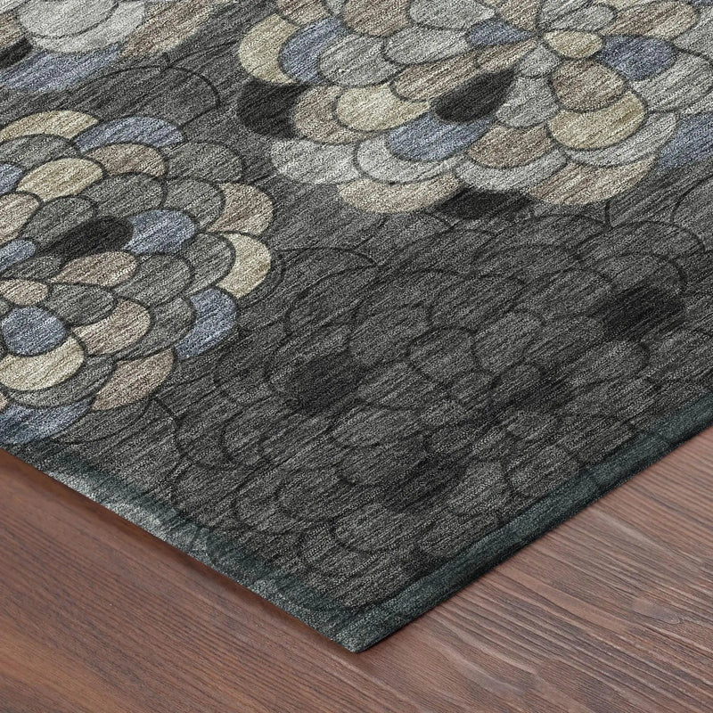 8' Black And Gray Round Floral Washable Indoor Outdoor Area Rug Homeroots Outdoor