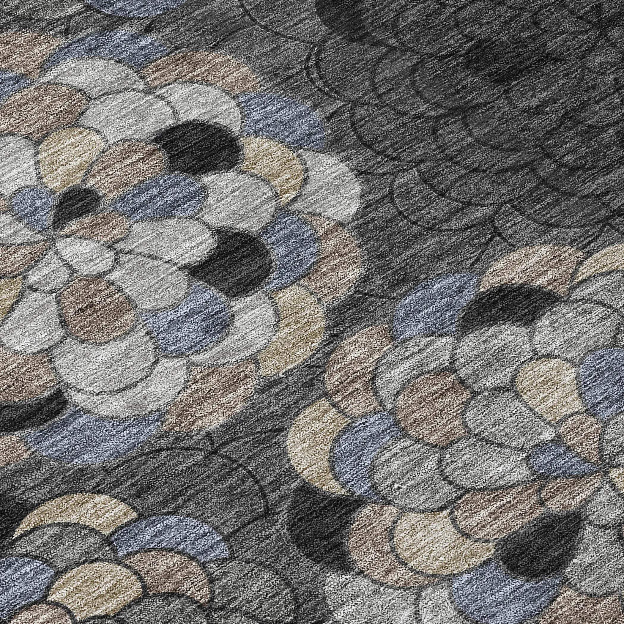 8' Black And Gray Round Floral Washable Indoor Outdoor Area Rug Homeroots Outdoor