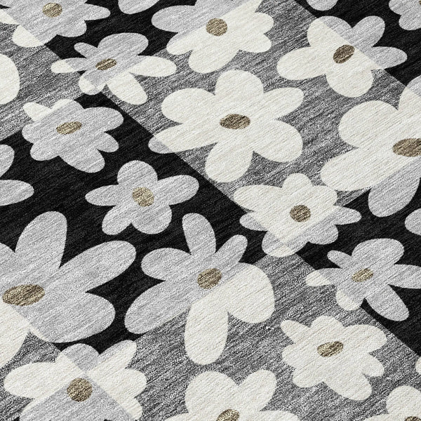 8' Black And Gray Round Floral Washable Indoor Outdoor Area Rug Homeroots Outdoor