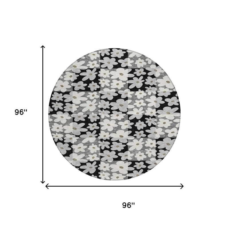 8' Black And Gray Round Floral Washable Indoor Outdoor Area Rug Homeroots Outdoor