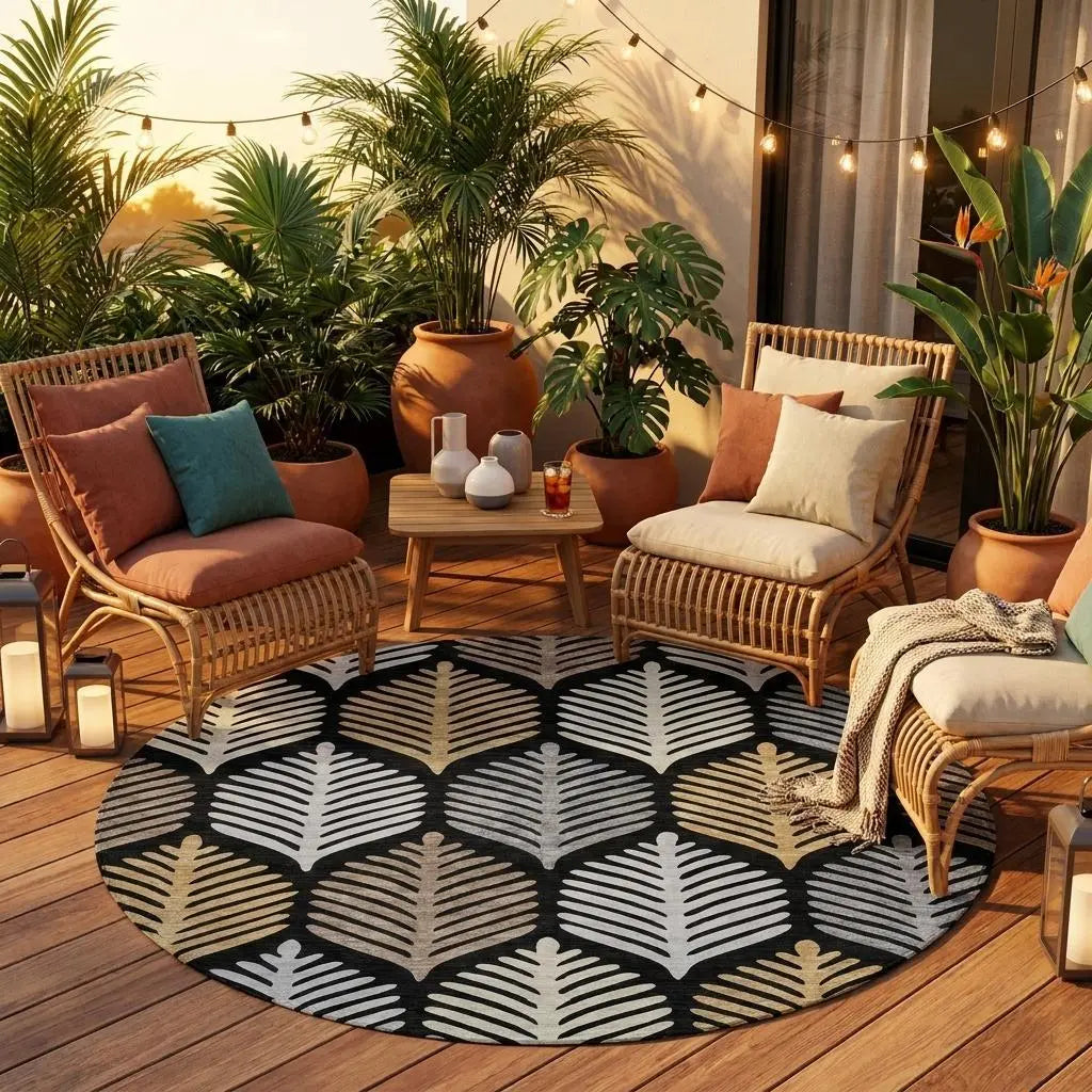 8' Black And Gray Round Floral Washable Indoor Outdoor Area Rug Homeroots Outdoor