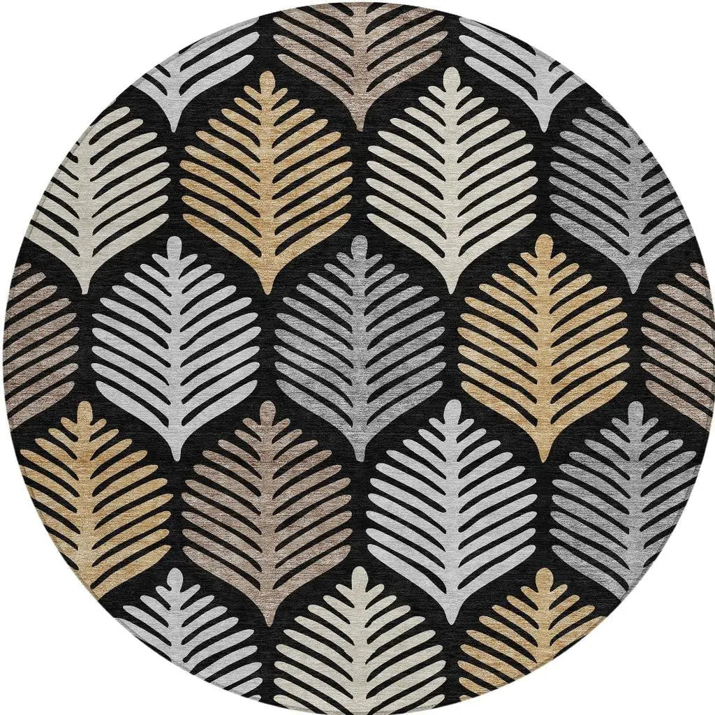 8' Black And Gray Round Floral Washable Indoor Outdoor Area Rug Homeroots Outdoor