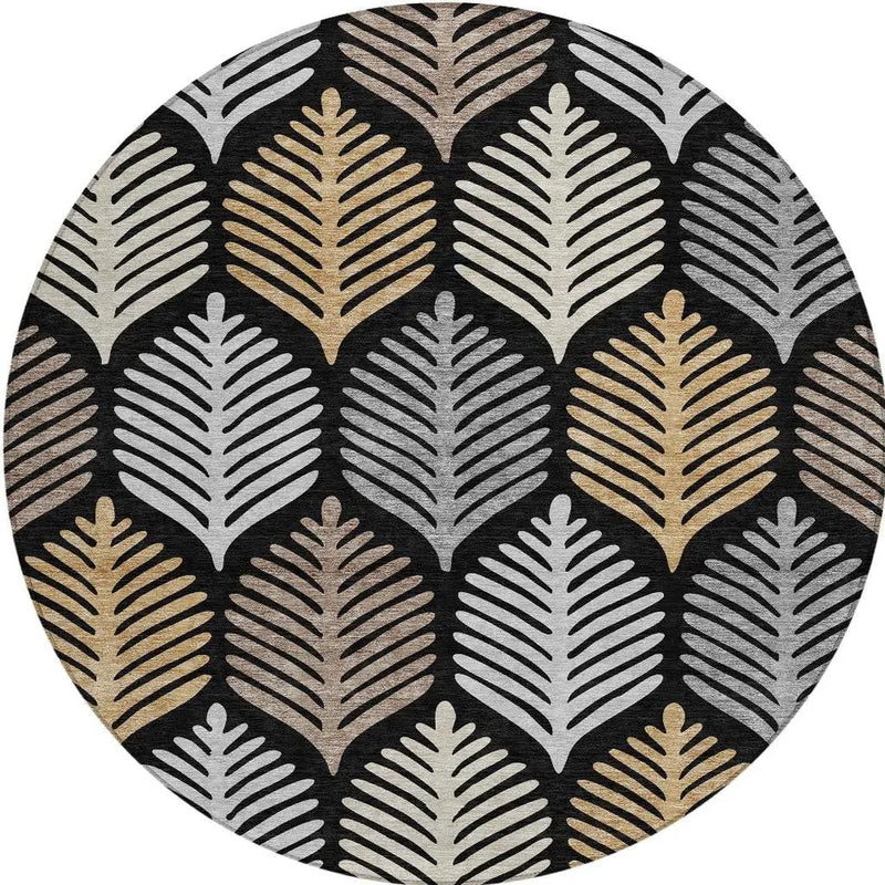 8' Black And Gray Round Floral Washable Indoor Outdoor Area Rug Homeroots Outdoor