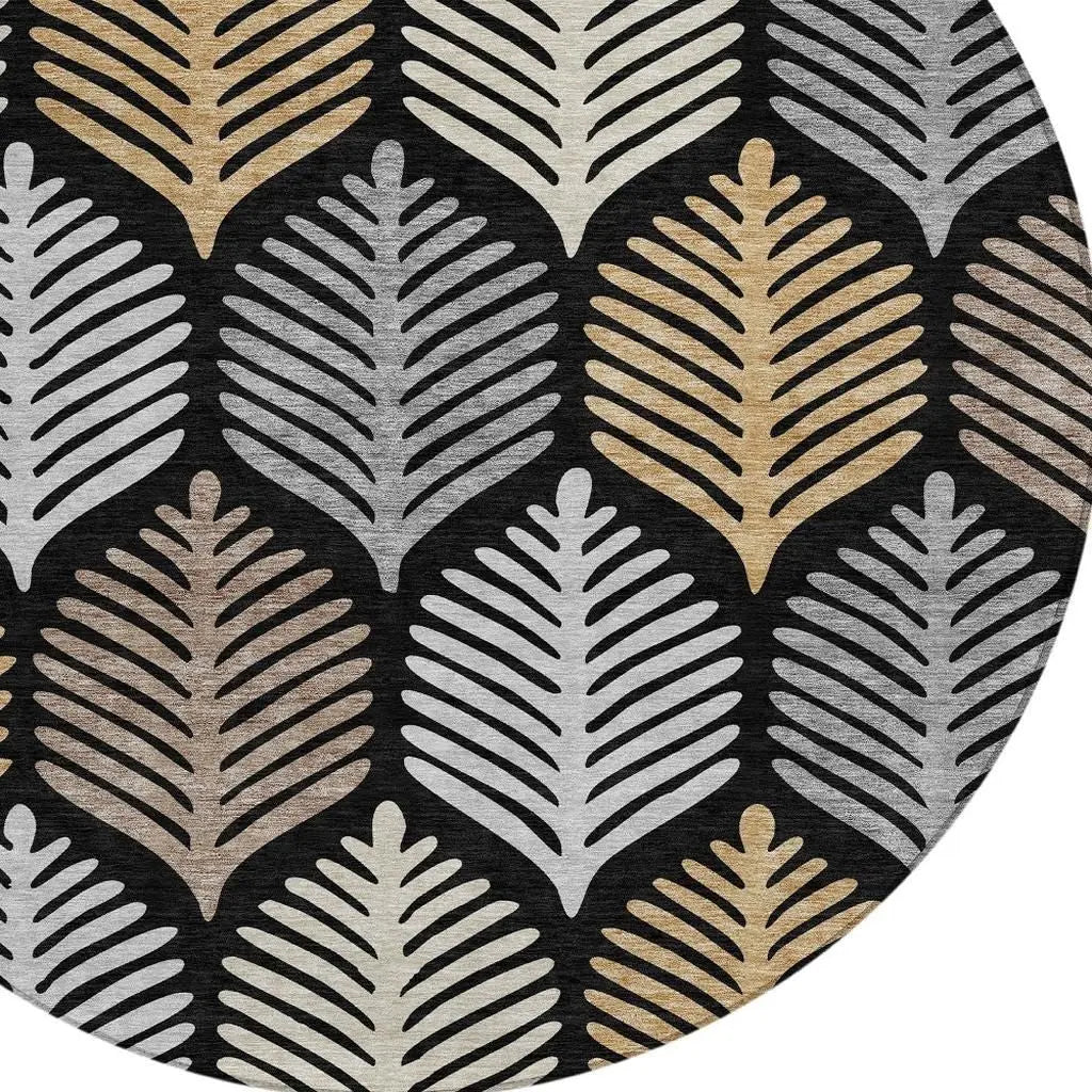 8' Black And Gray Round Floral Washable Indoor Outdoor Area Rug Homeroots Outdoor