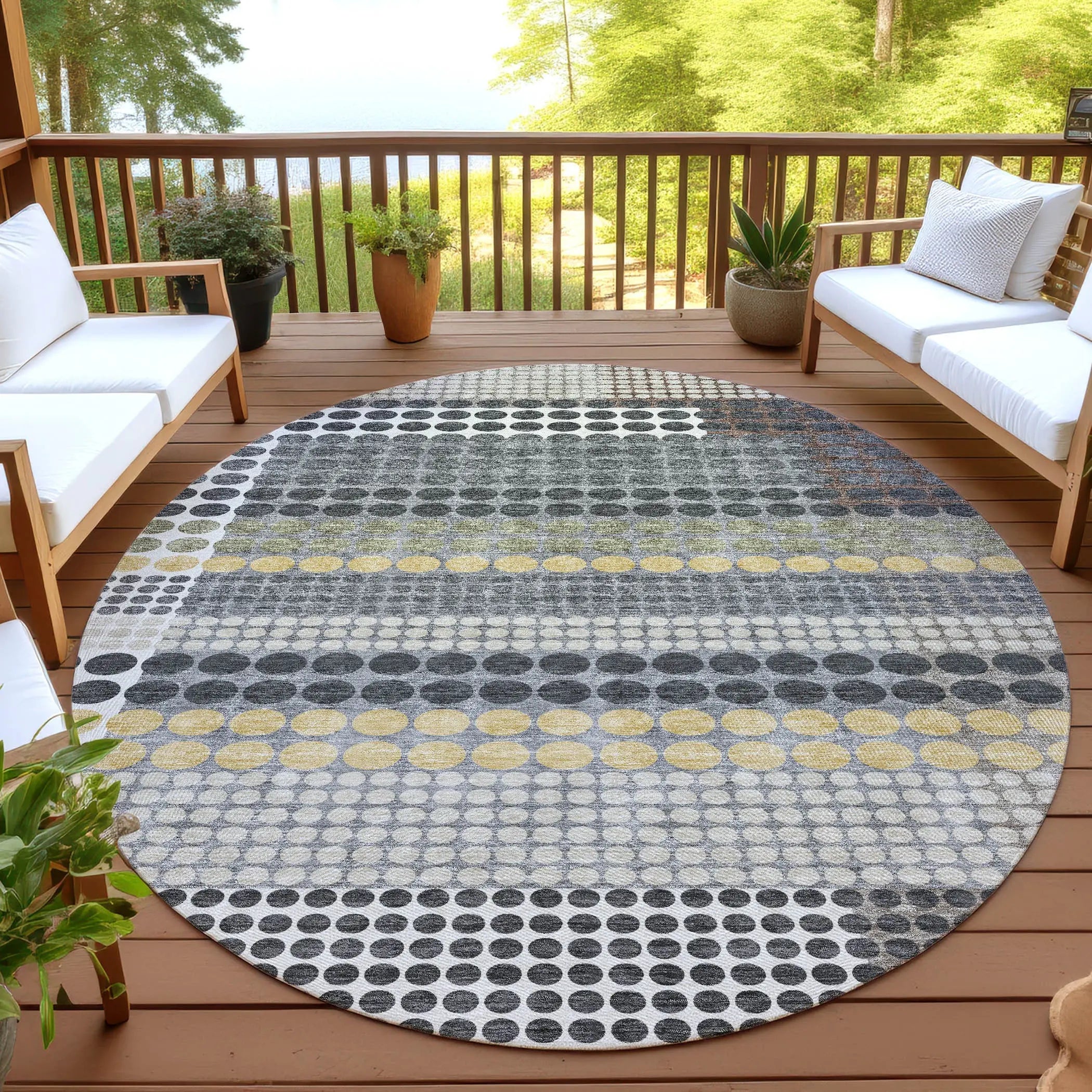 8' Black And Gray Round Geometric Washable Indoor Outdoor Area Rug Homeroots Outdoor