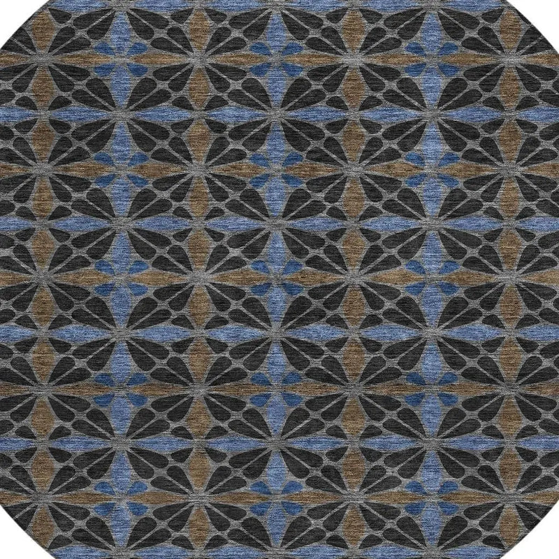 8' Black And Gray Round Geometric Washable Indoor Outdoor Area Rug Homeroots Outdoor