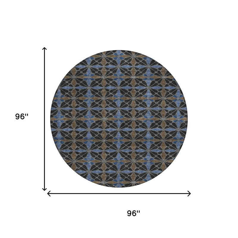 8' Black And Gray Round Geometric Washable Indoor Outdoor Area Rug Homeroots Outdoor