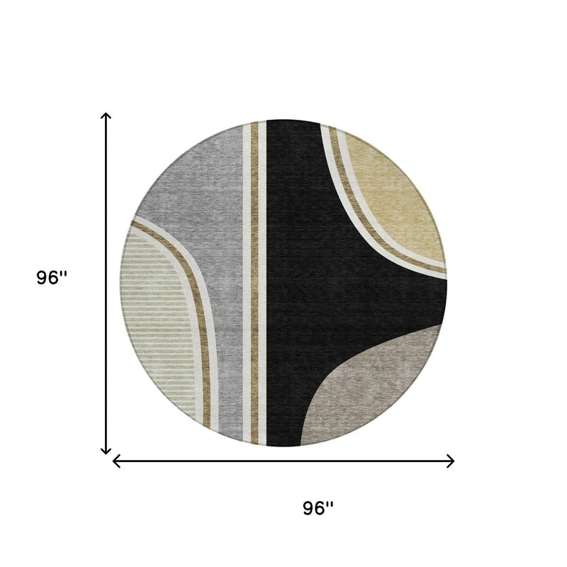 8' Black And Gray Round Geometric Washable Indoor Outdoor Area Rug Homeroots Outdoor
