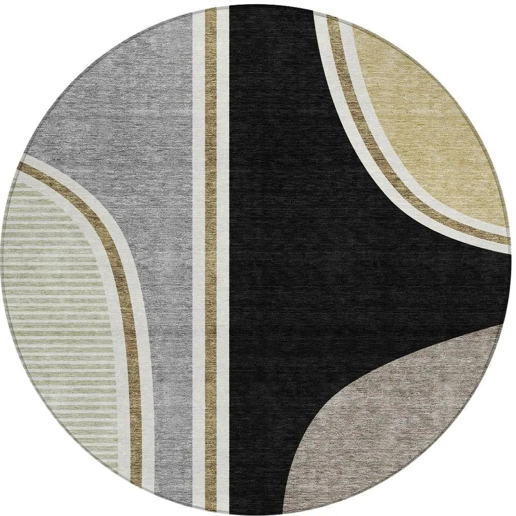 8' Black And Gray Round Geometric Washable Indoor Outdoor Area Rug Homeroots Outdoor