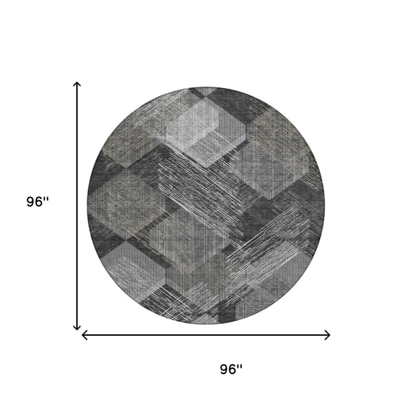 8' Black And Gray Round Geometric Washable Indoor Outdoor Area Rug Homeroots Outdoor