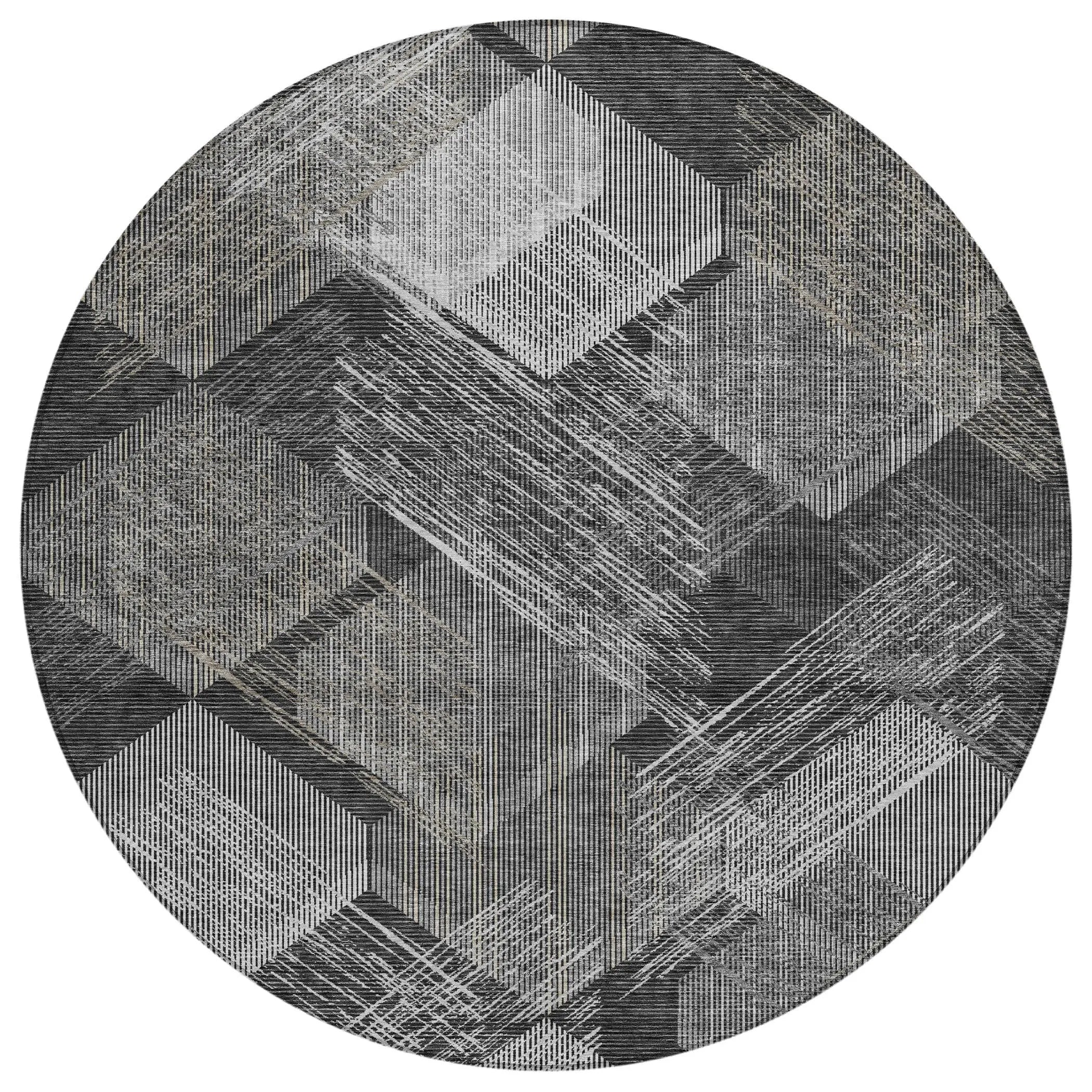 8' Black And Gray Round Geometric Washable Indoor Outdoor Area Rug Homeroots Outdoor