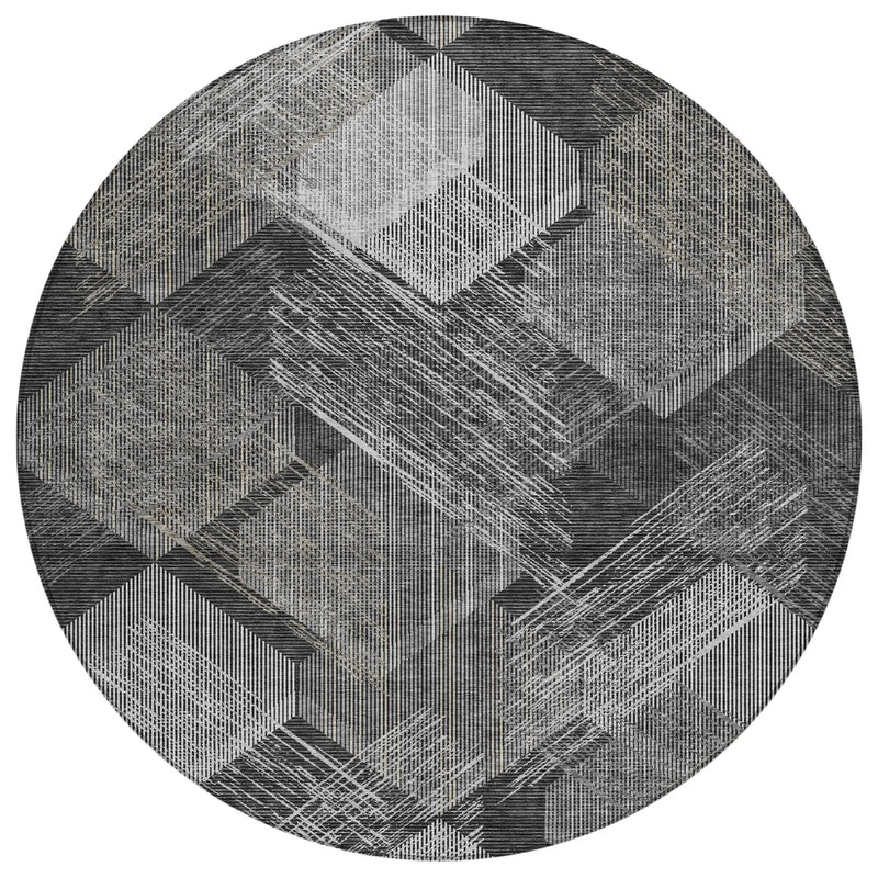 8' Black And Gray Round Geometric Washable Indoor Outdoor Area Rug Homeroots Outdoor