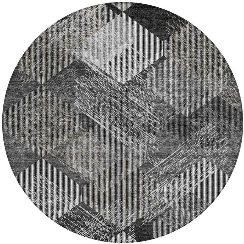 8' Black And Gray Round Geometric Washable Indoor Outdoor Area Rug Homeroots Outdoor