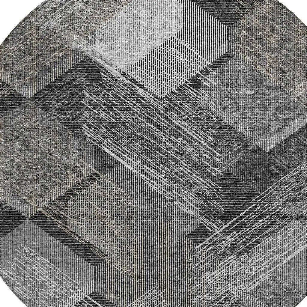 8' Black And Gray Round Geometric Washable Indoor Outdoor Area Rug Homeroots Outdoor