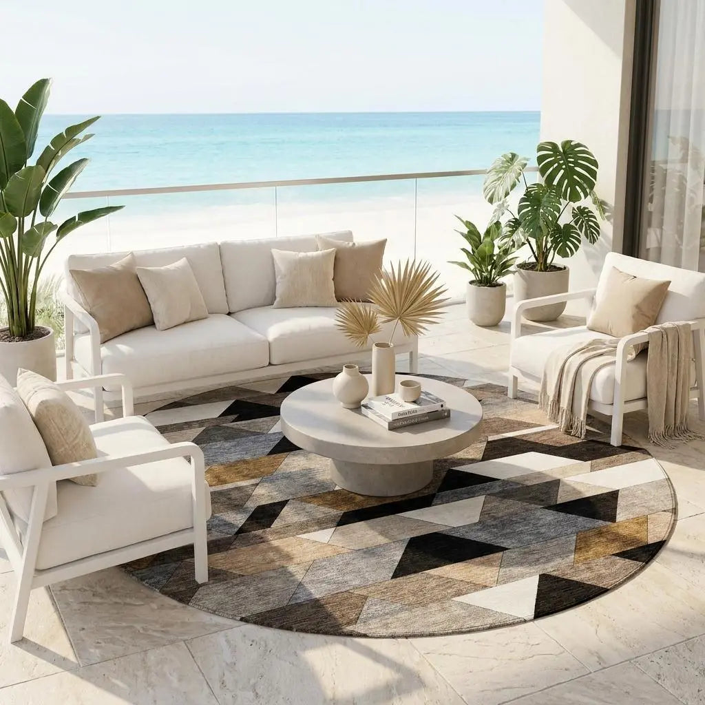 8' Black And Gray Round Geometric Washable Indoor Outdoor Area Rug Homeroots Outdoor
