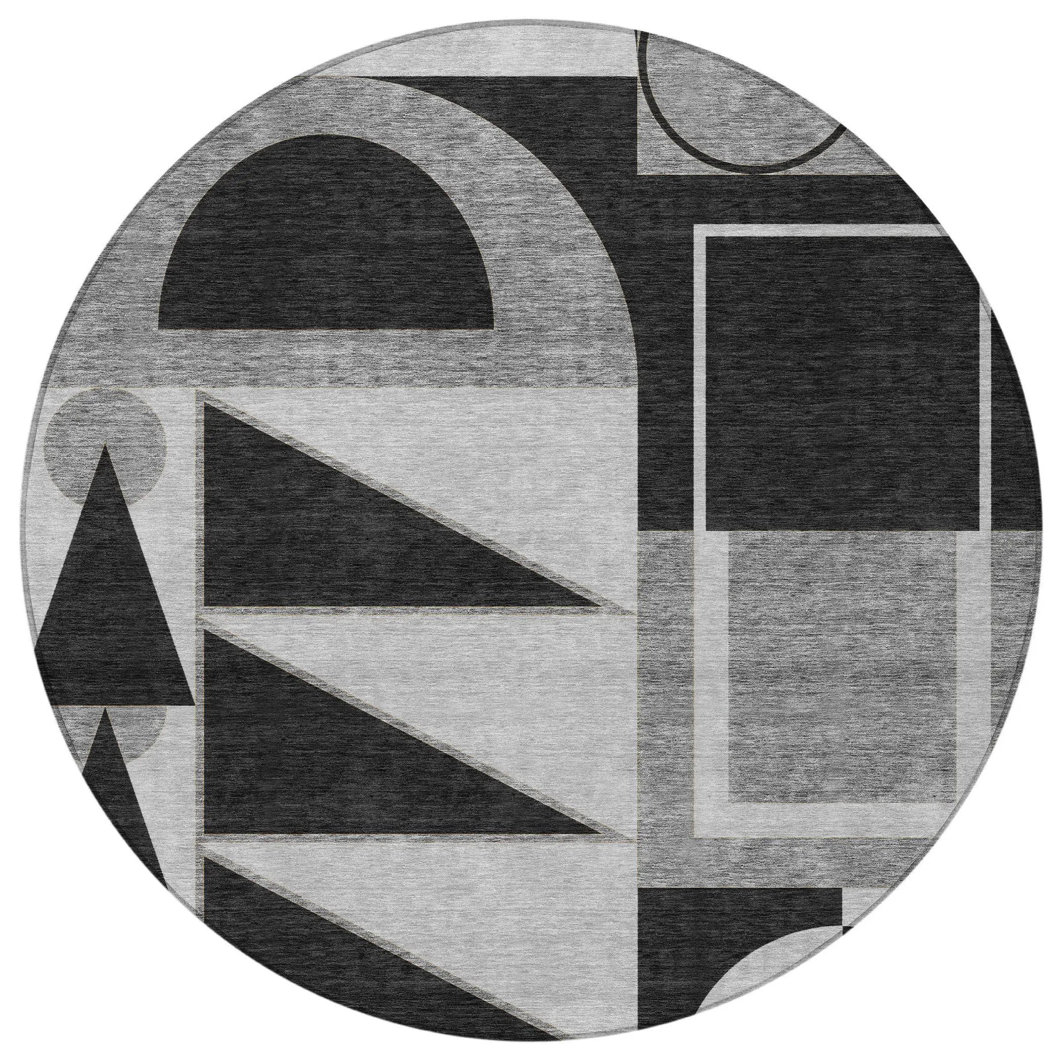 8' Black And Gray Round Geometric Washable Indoor Outdoor Area Rug Homeroots Outdoor