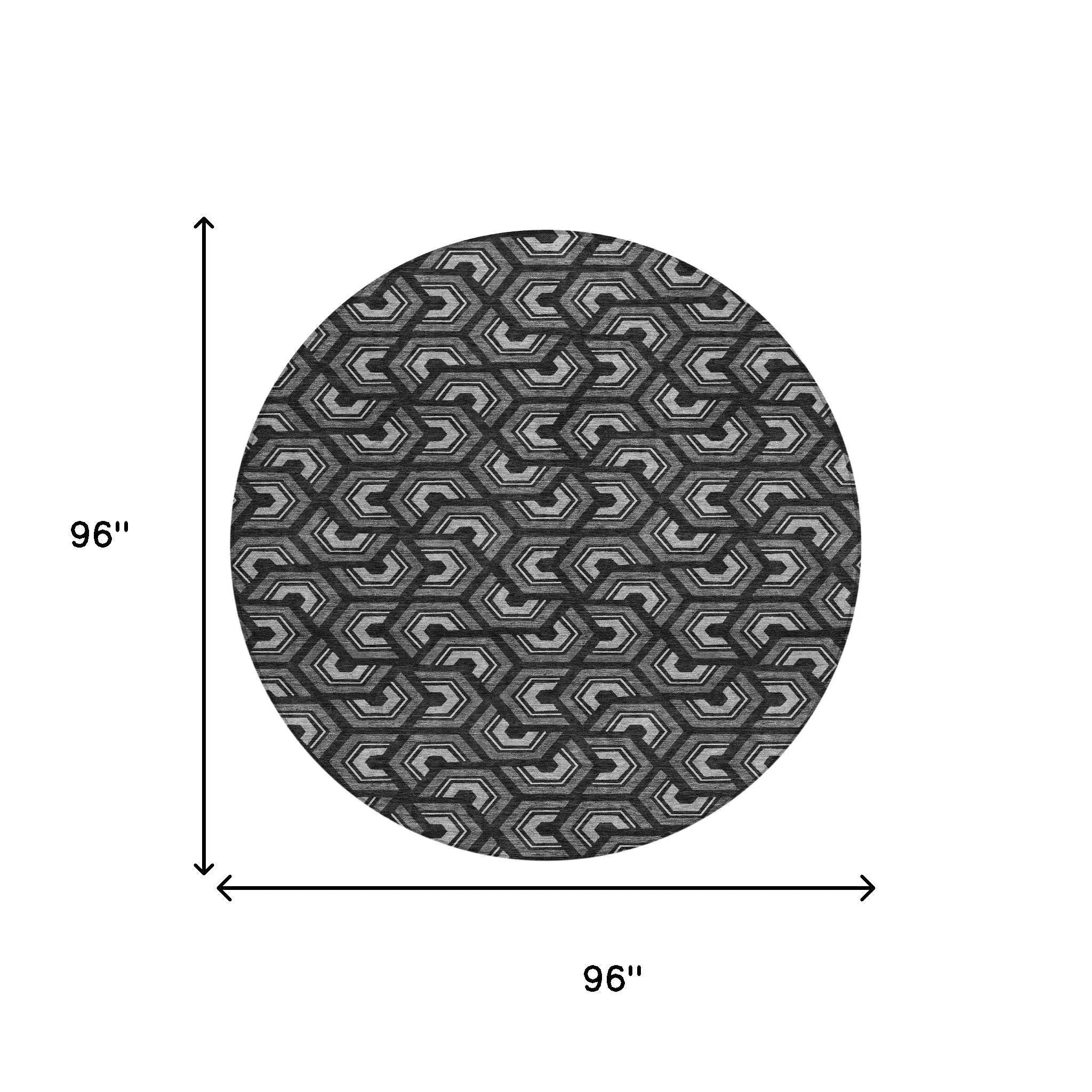 8' Black And Gray Round Geometric Washable Indoor Outdoor Area Rug Homeroots Outdoor