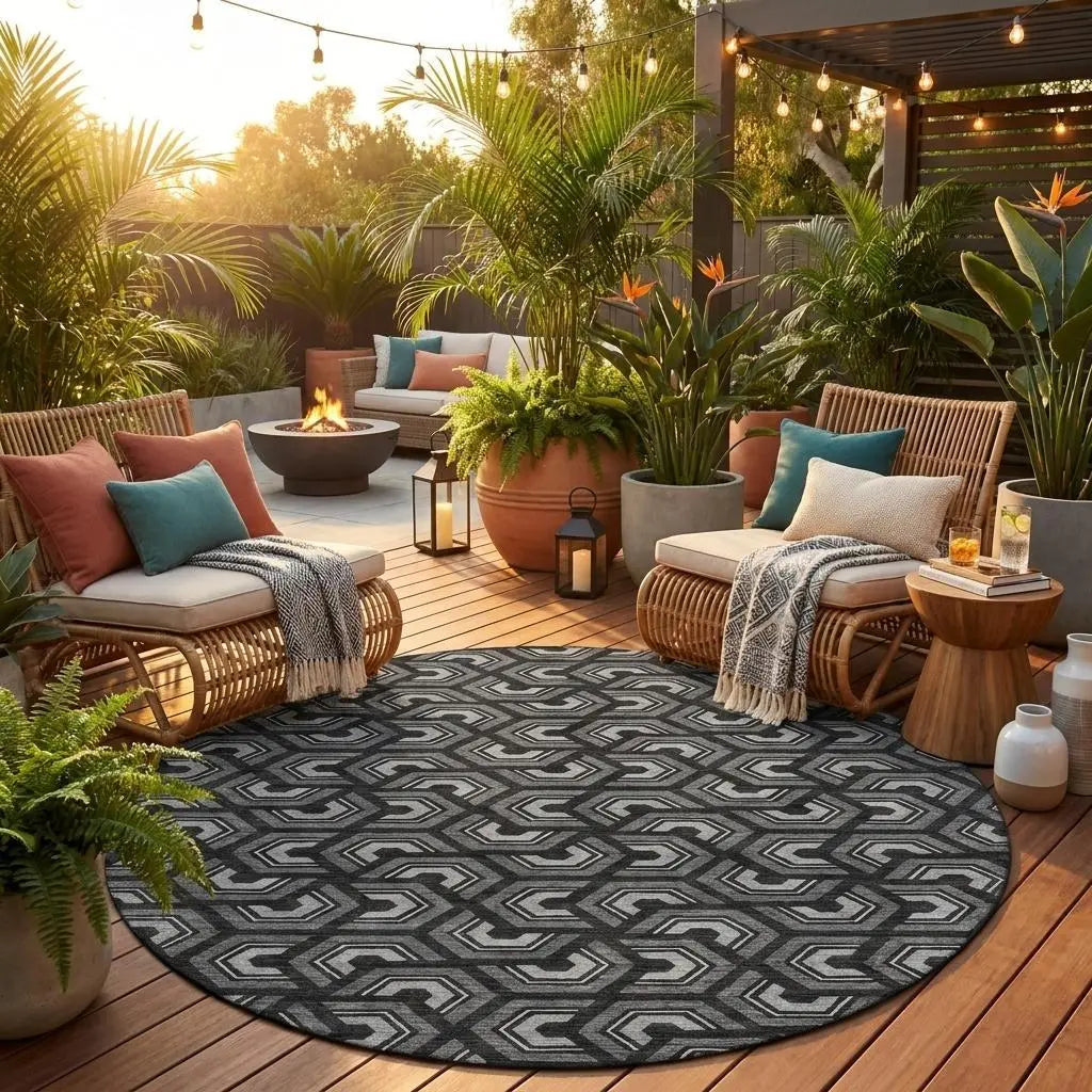 8' Black And Gray Round Geometric Washable Indoor Outdoor Area Rug Homeroots Outdoor