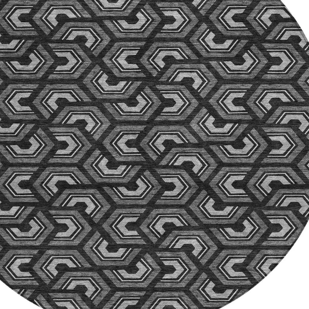 8' Black And Gray Round Geometric Washable Indoor Outdoor Area Rug Homeroots Outdoor