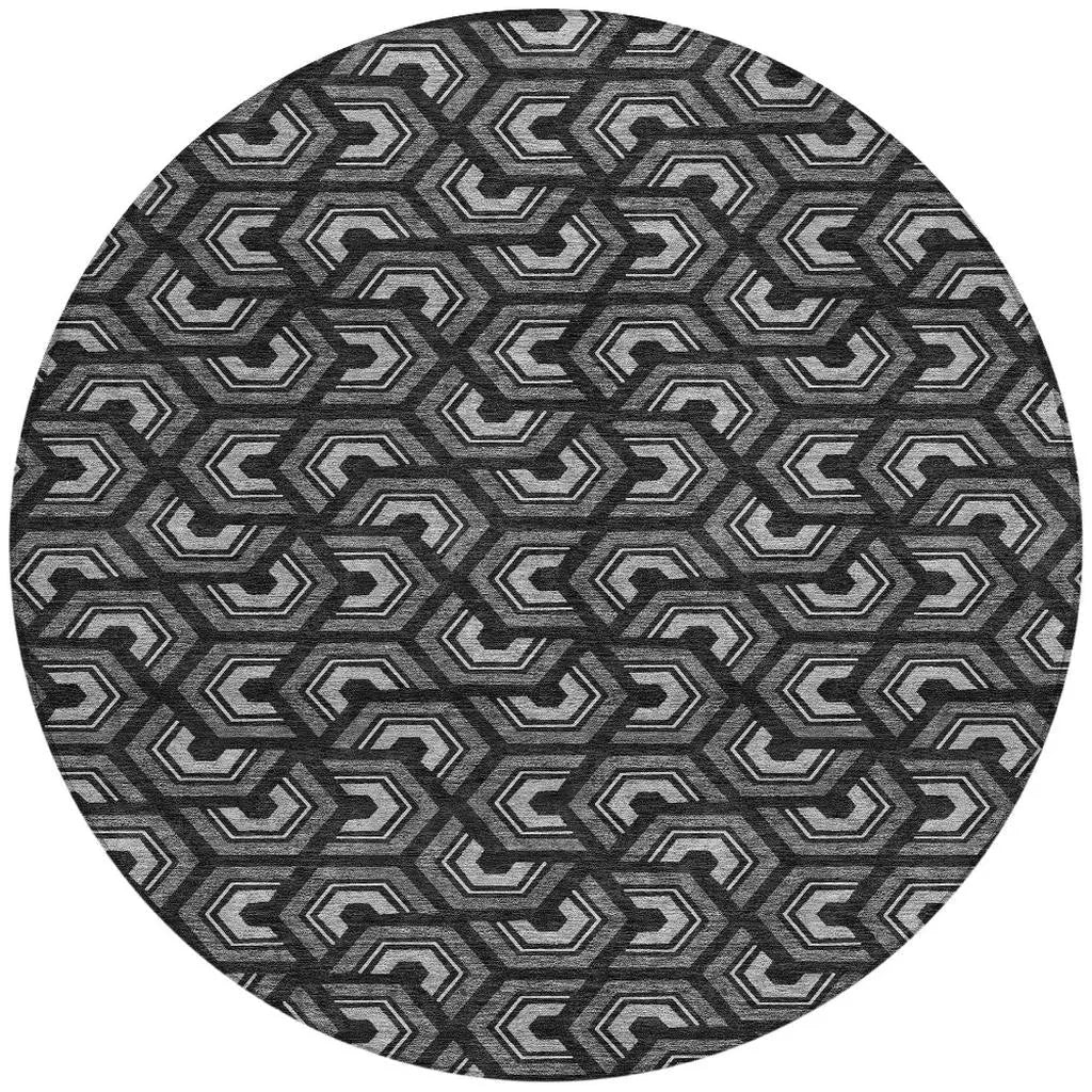 8' Black And Gray Round Geometric Washable Indoor Outdoor Area Rug Homeroots Outdoor