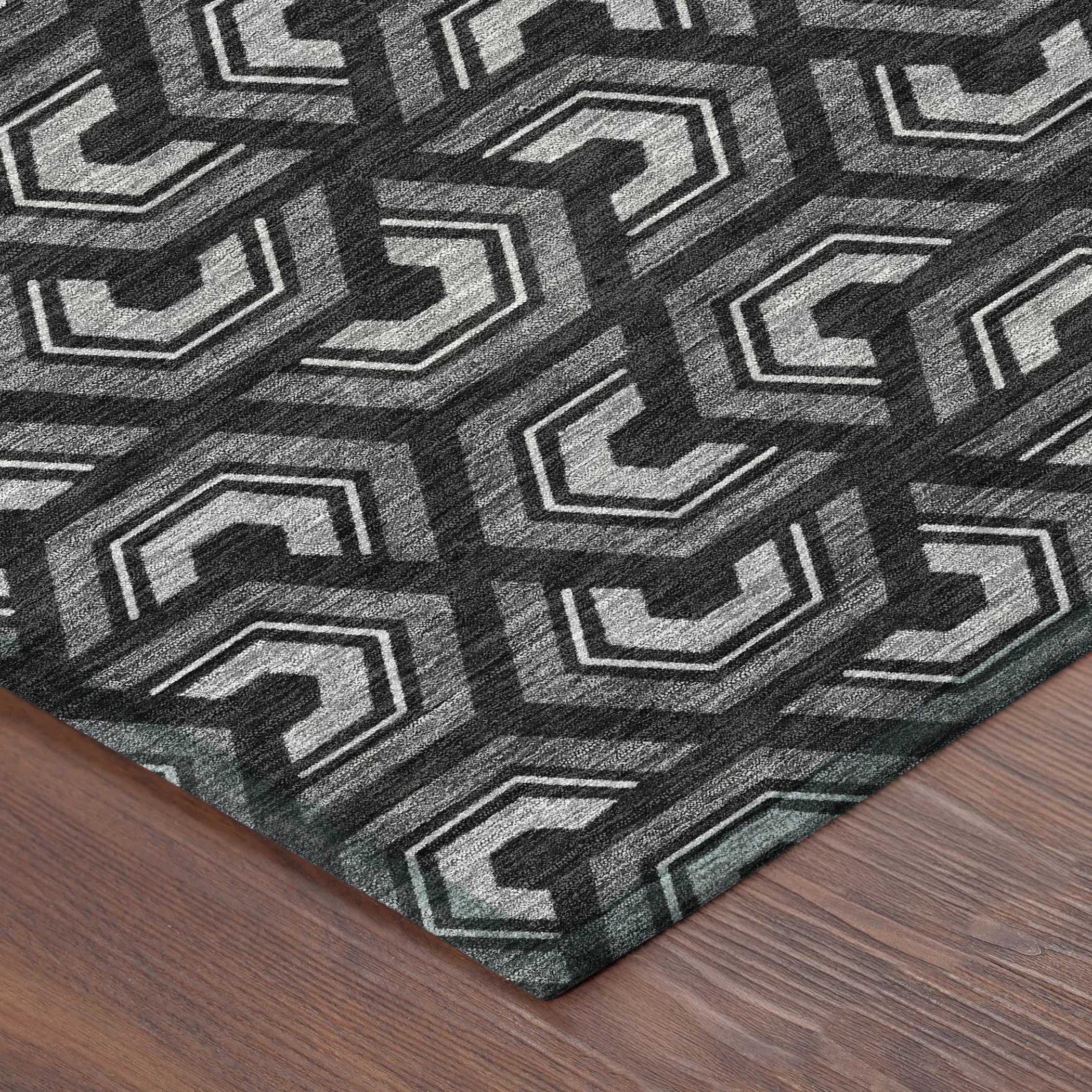 8' Black And Gray Round Geometric Washable Indoor Outdoor Area Rug Homeroots Outdoor